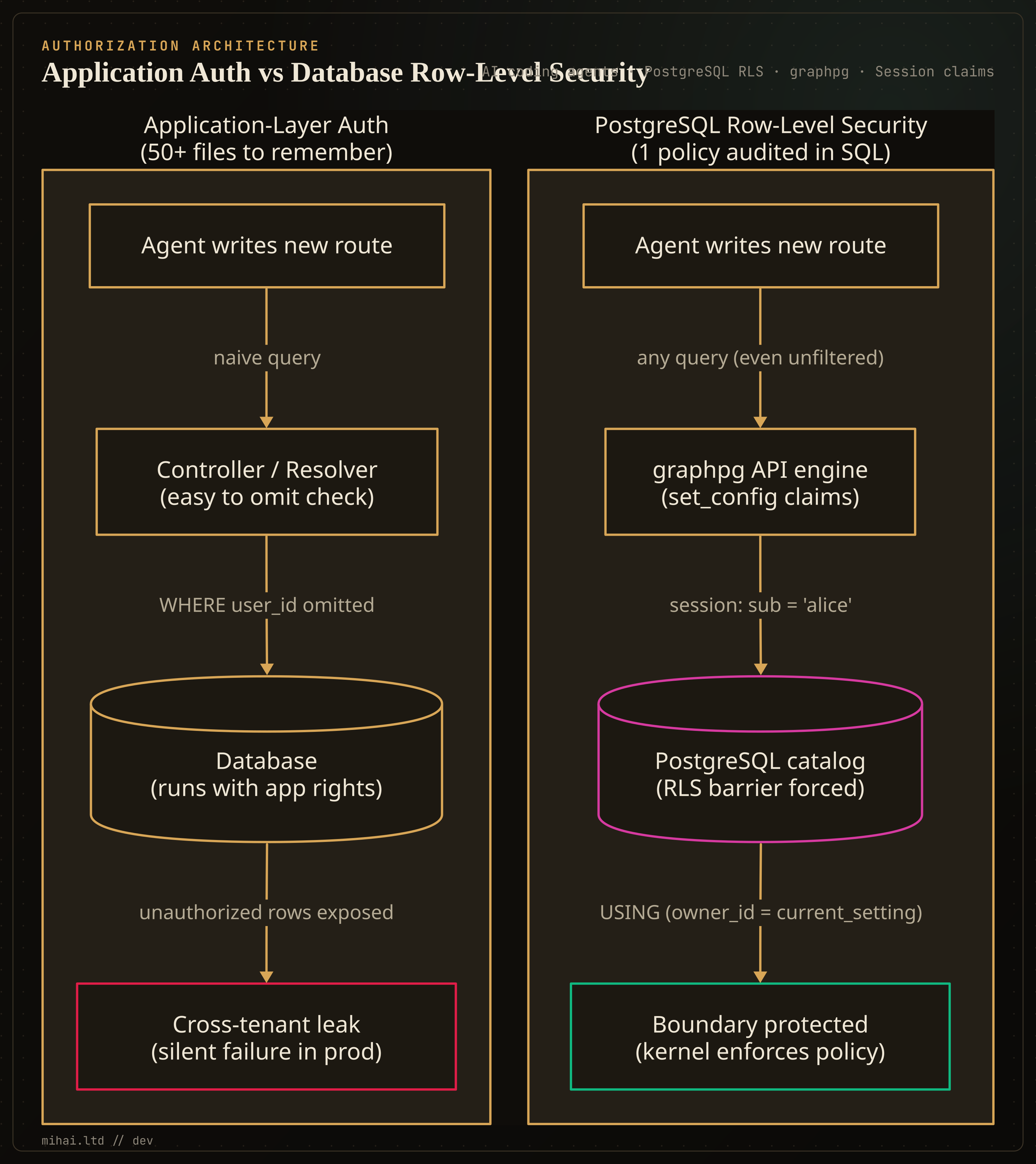 Application-layer authorization requires manual checks across fifty files; database Row-Level Security enforces authorization in one place